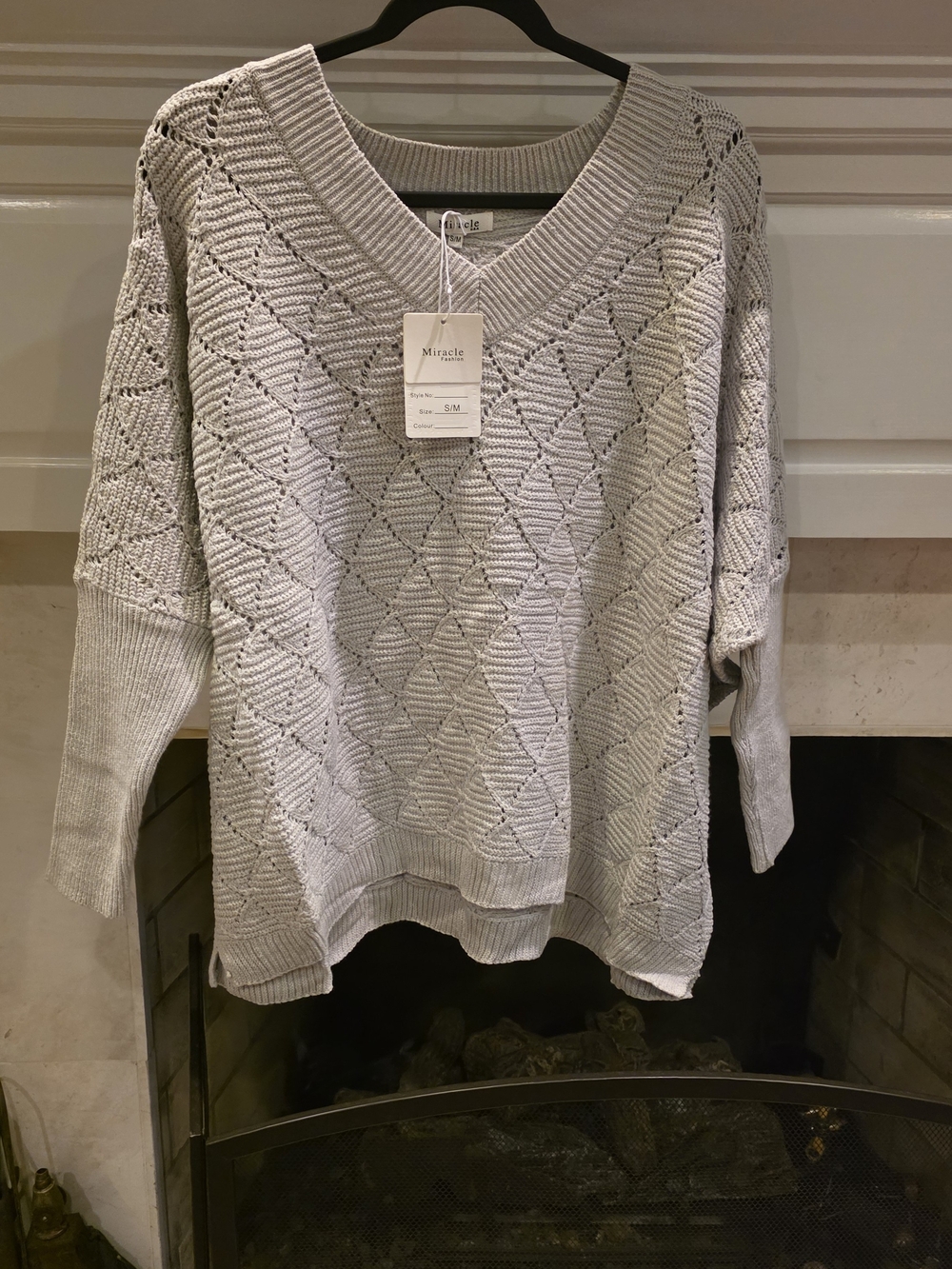 Miracle Light Gray Diamond-Pattern V-Neck Sweater